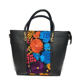 Handmade Leather Tote Bag: Black Boho Floral Embroidered Shoulder Bag