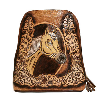 Hand Tooled Leather Backpack: Rodeo Cowgirl Horse Design