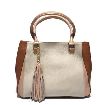 Handmade Leather Work Bag: Beige Zippered Shoulder Bag
