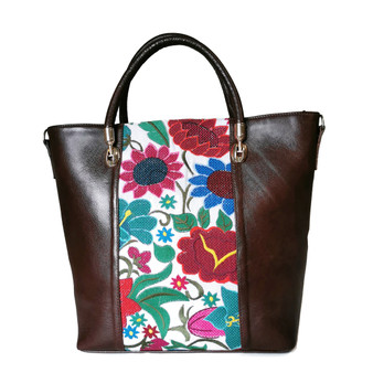 Leather Tote Bag: Handmade Floral Embroidered Cowhide, Adjustable Strap