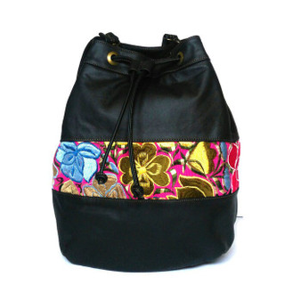 Handmade Leather Convertible Backpack: Embroidered Floral Design
