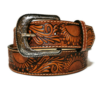Embossed Sunflower Leather Belt: Handmade Brown Cowgirl Western Belt