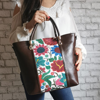 Floral Embroidered Cowhide Leather Tote: Handmade Boho Shoulder Bag