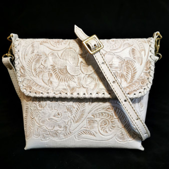 Handmade White Leather Tooled Shoulder Bag: Western Style Purse
