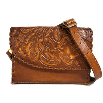 Brown leather wallet for women, hand tooled leather