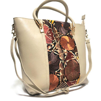 Handmade Cowhide Leather Tote Bag: Tropical Floral Embroidered Purse