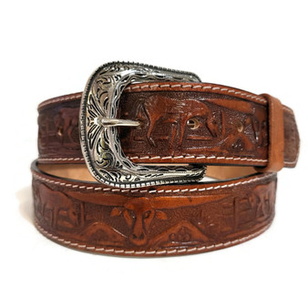 Handmade Western Leather Belt: Embossed Cowboy Rodeo Style