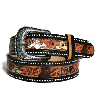 Handmade Embossed Leather Western Belt: Removable Buckle Cowboy Rodeo Belt