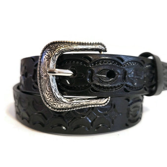 Black leather belt for kids, hand tooled leather , rodeo belt