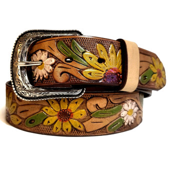 Embossed Sunflower Leather Belt: Handmade Boho Rodeo Style