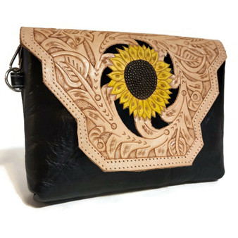 Handmade Tooled Leather Bag: Sunflower Embossed, Rodeo Retro