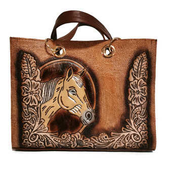 Handmade Tooled Leather Tote Bag: Vintage Rodeo Horse Design