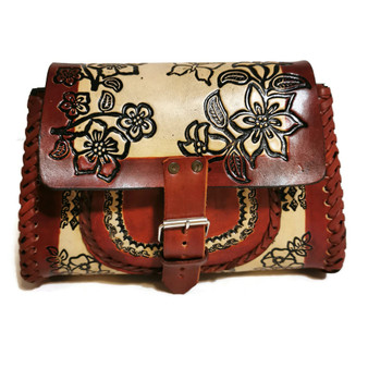 Embossed Leather Saddle Bag: Vintage Western Style, Adjustable Strap