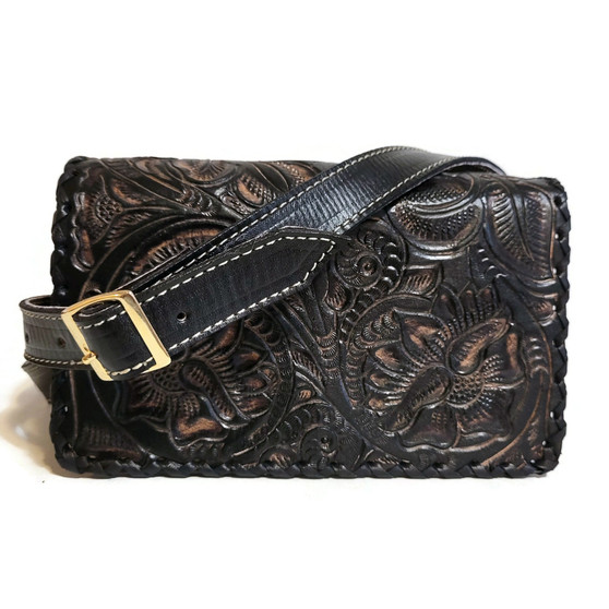 Small cowhide bag for women, hand tooled leather, shoulder bag