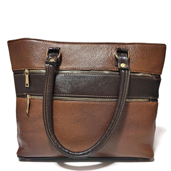 Handmade Leather Work Tote Bag: Brown Cowhide Shoulder Bag with Zipper