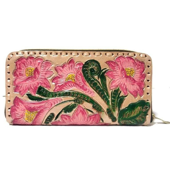 Handmade Tooled Leather Wallet: Rustic Cowhide Clutch, Boho Purse