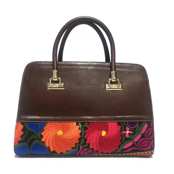 Handmade Cowhide Leather Shoulder Bag: Tropical Floral Embroidered Purse