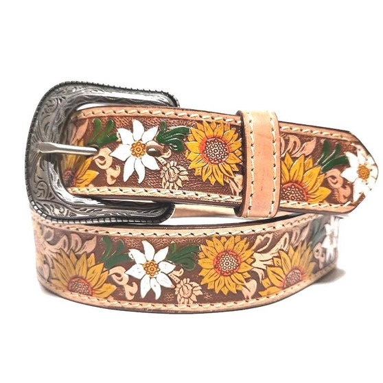 Embossed Sunflower Leather Belt: Western Boho Style