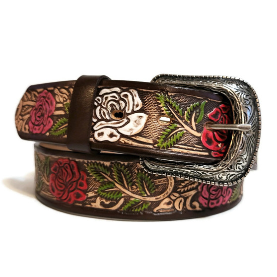 Embossed Leather Floral Belt: Handmade Cowhide Rose Design