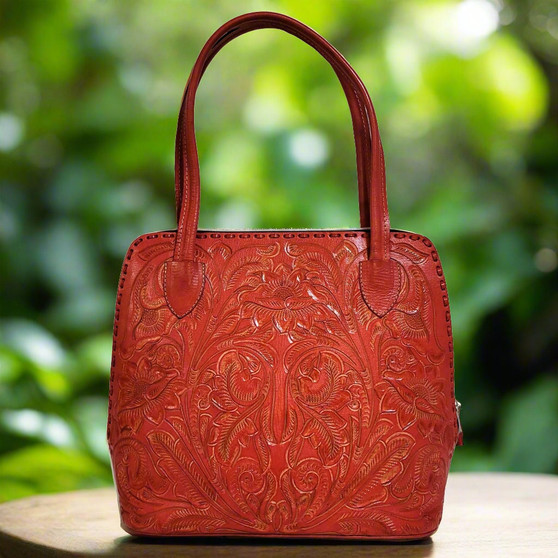 Hand tooled leather bag for women, red, floral design, boho bag