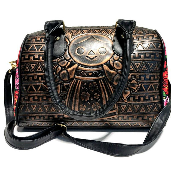 Embossed Floral Shoulder Bag: Black PU Leather Bohemian Handbag