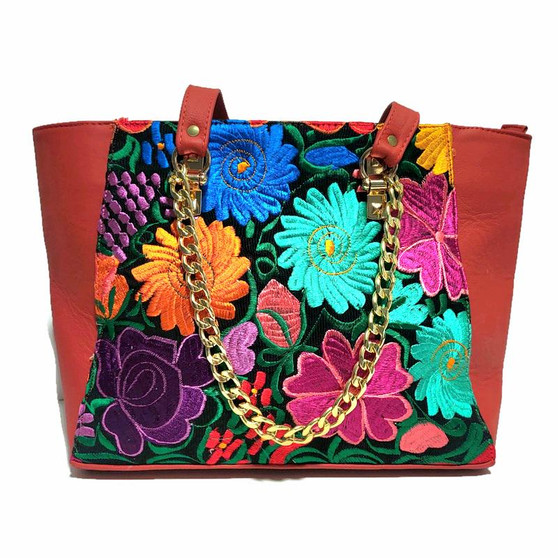 Red Leather Floral Tote Bag: Handmade Bohemian Shoulder Bag