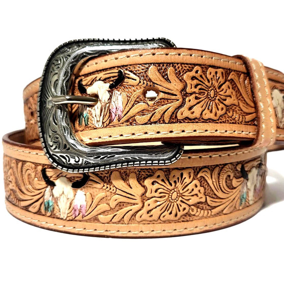 Embossed Brown Leather Belt: Handmade Cowgirl Rodeo Style