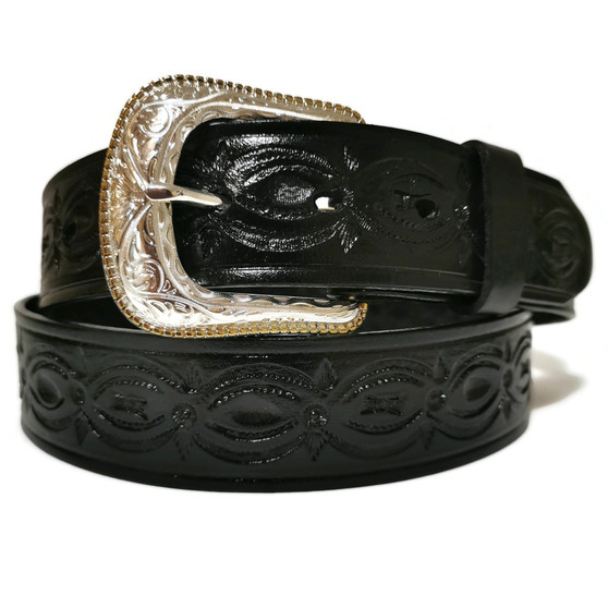 Handmade Black Leather Cowboy Belt with Removable Buckle