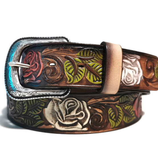 Handmade Brown Leather Belt: Embossed Rose, Engraved Buckle