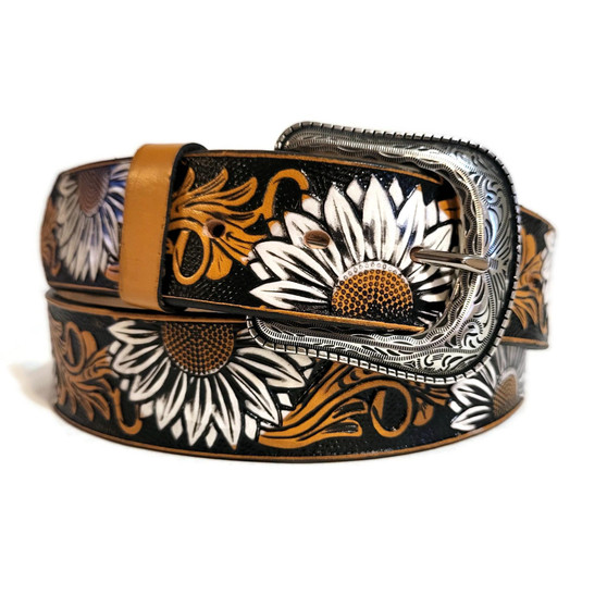 Handmade Embossed Sunflower Leather Belt: Bohemian Rodeo Style