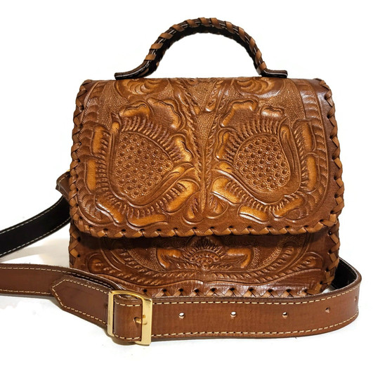 Cowhide leather bag for women, hand tooled leather, brown bag