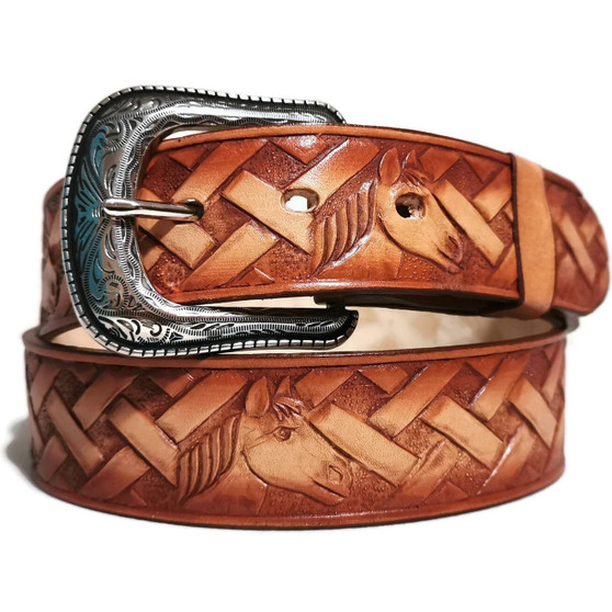Embossed Horse Leather Belt: Handmade Western Style Cowhide