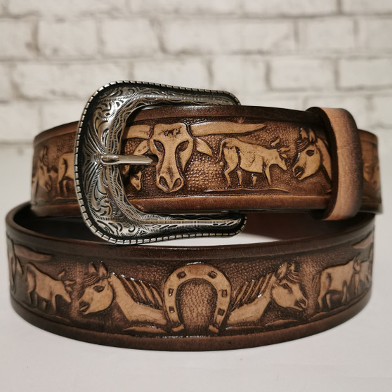 Handmade Full Grain Leather Cowboy Belt: Embossed Rodeo Design