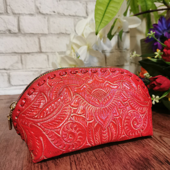Handmade Red Leather Cosmetic Bag: Tooled Floral Makeup Pouch
