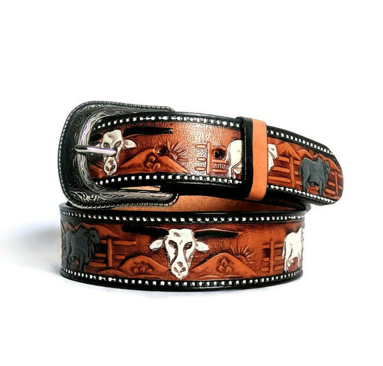 Handmade Brown Leather Western Belt: Engraved Cowboy Rodeo Style