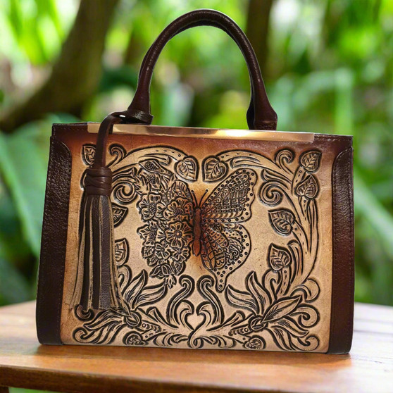 Hand tooled leather bag for women
