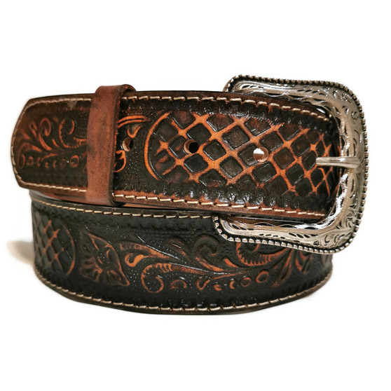 Embossed Western Leather Belt: Handmade Veg-Tan Cowhide, Removable Buckle