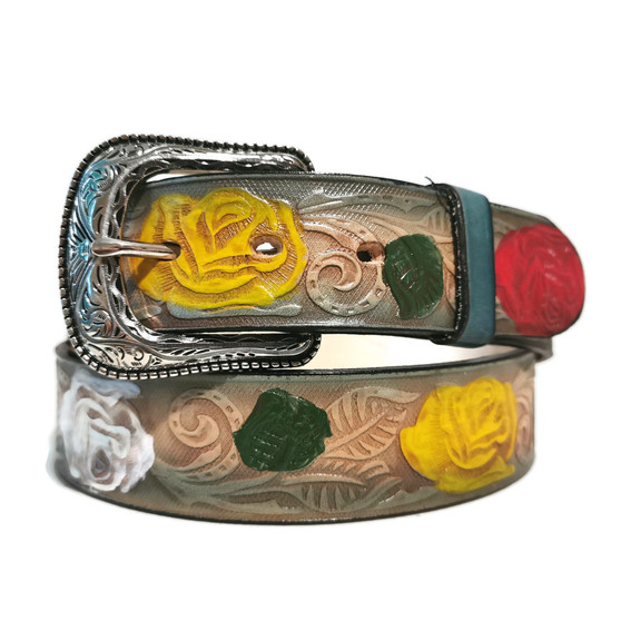 Handmade Leather Belt: Women's Embossed Rose Western Belt