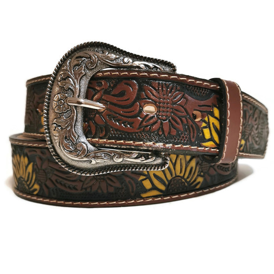 Sunflower Leather Belt: Handmade Embossed Cowhide, Western Rodeo Style