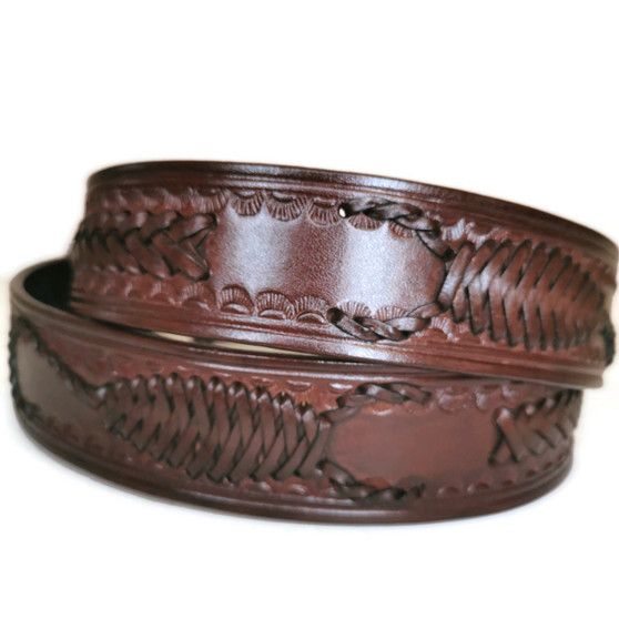 Handmade Brown Leather Belt: Braided Scorpion Design, Snapback Buckle
