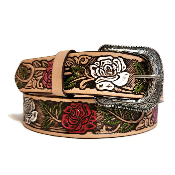 Handmade Rose Embossed Leather Belt: Boho Western Cowhide Belt