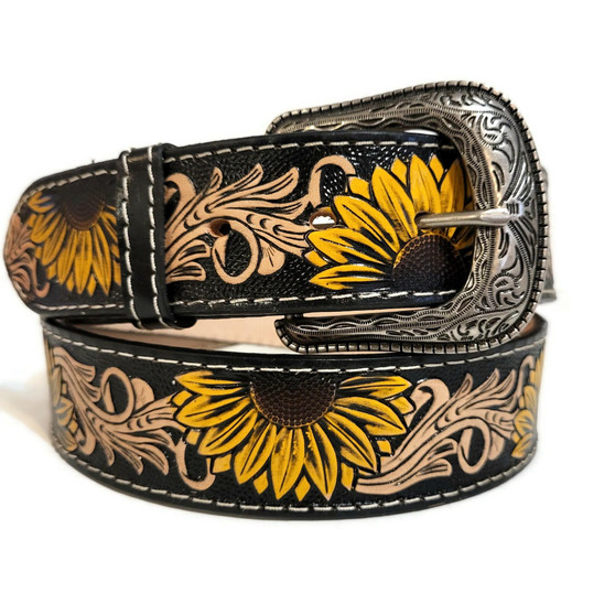Embossed Sunflower Leather Belt: Handmade Cowhide with Snap Buckle