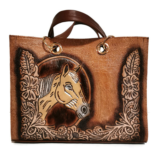 Handmade Tooled Leather Tote Bag: Vintage Rodeo Horse Design