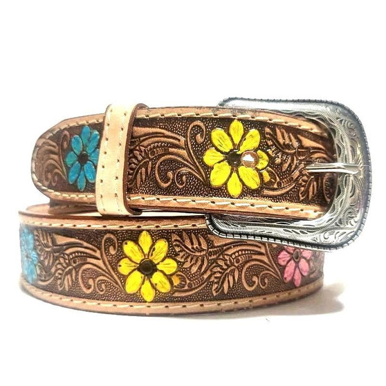 Handmade Leather Belt: Floral Engraved Buckle, Boho Cowgirl Style