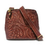 Small cowhide bag for women, shoulder strap, hand tooled leather design