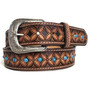 Embossed Brown Leather Belt: Turquoise Detail, Removable Buckle
