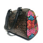 Embossed Floral Shoulder Bag: Black PU Leather Bohemian Handbag