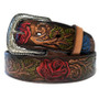 Handmade Brown Leather Belt: Embossed Rose, Engraved Buckle