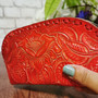 Handmade Red Leather Cosmetic Bag: Tooled Floral Makeup Pouch
