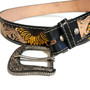 Embossed Sunflower Leather Belt: Handmade Cowhide with Snap Buckle